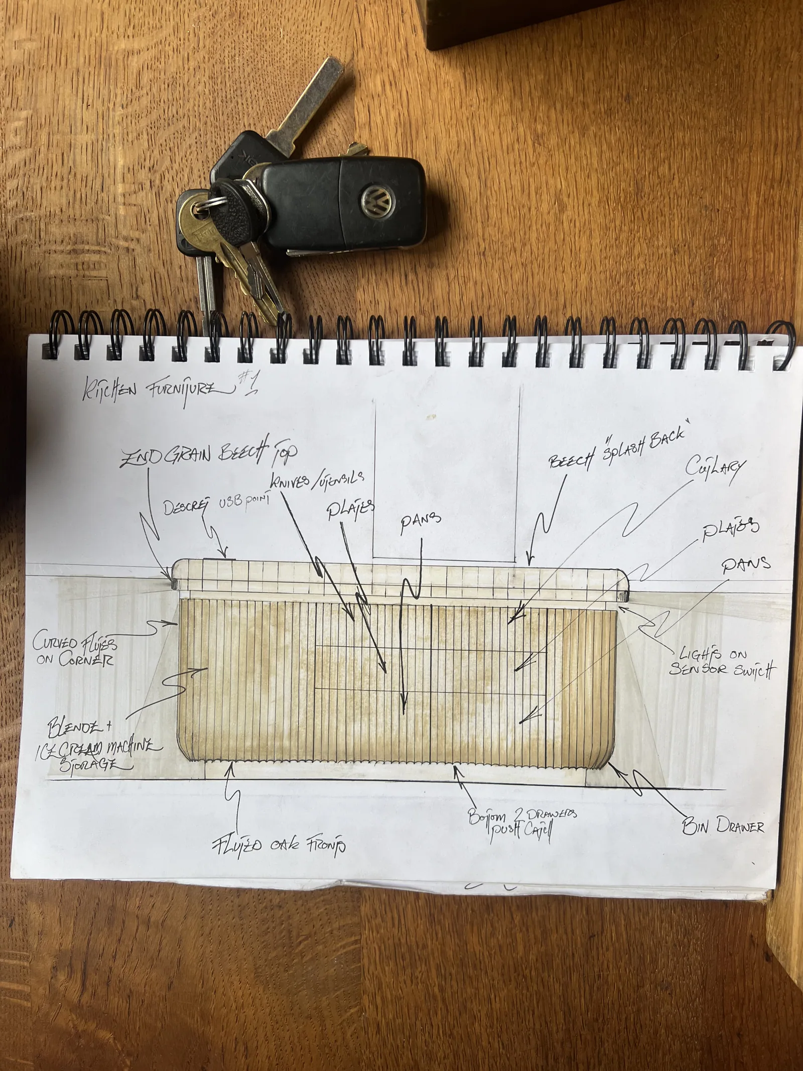 Hand drawn kitchen furniture design showing fluted oak fronts and pan storage