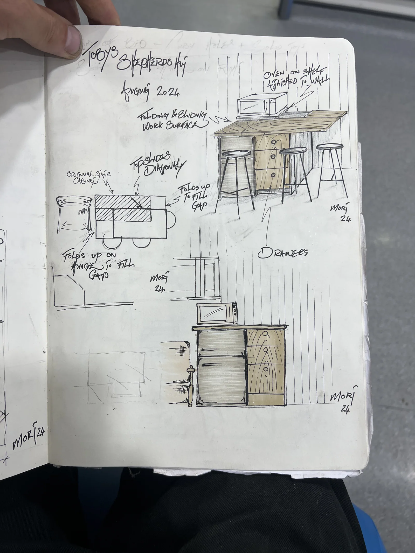 Sketchbook page of design options for a shepherd's hut interior