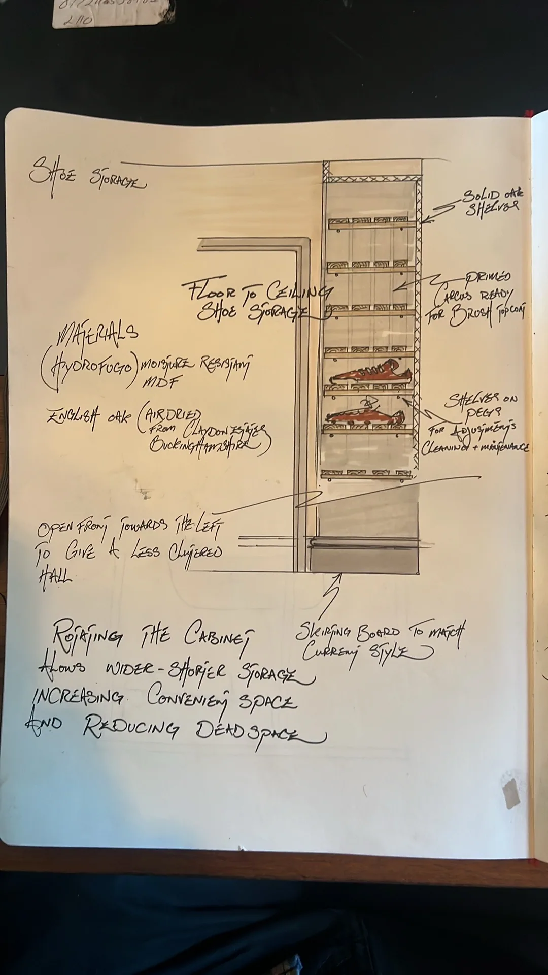 Hand drawn design for floor to ceiling shoe storage with materials noted alongside