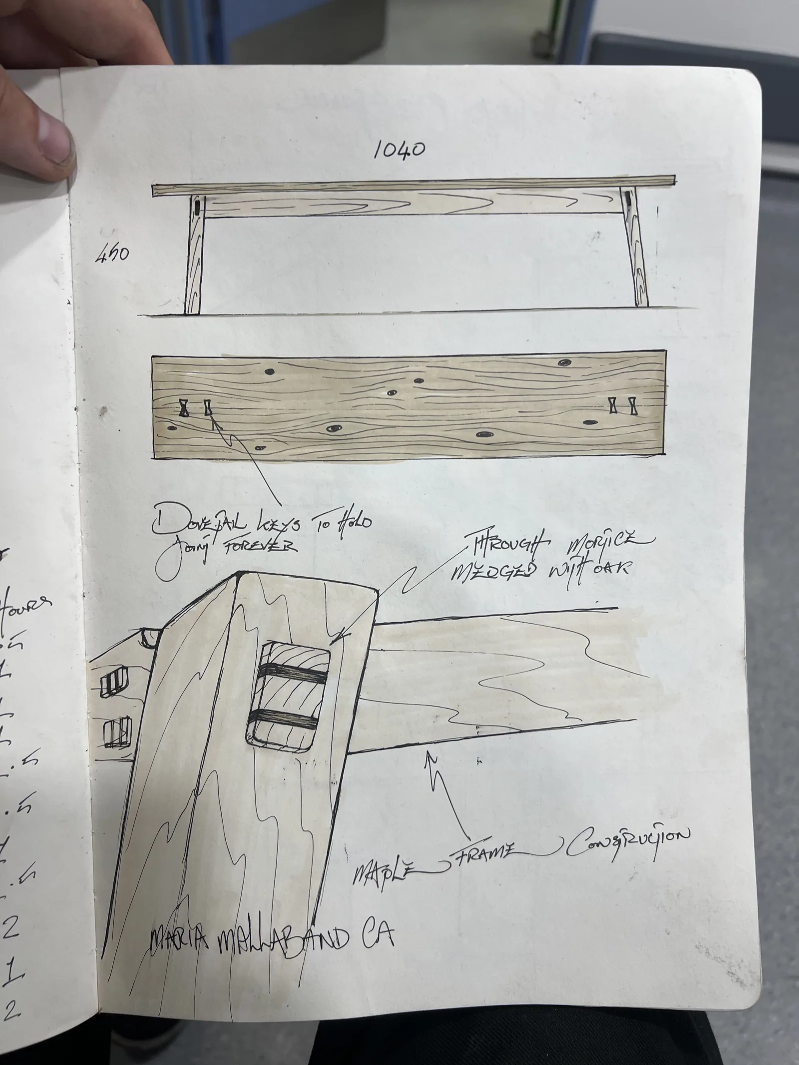 Hand drawn table design detailing dovetail keys and through mortice wedges