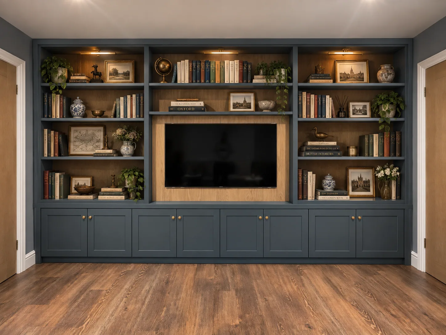 Fitted media wall with oak-lined shelving and painted cabinetry around a recessed television